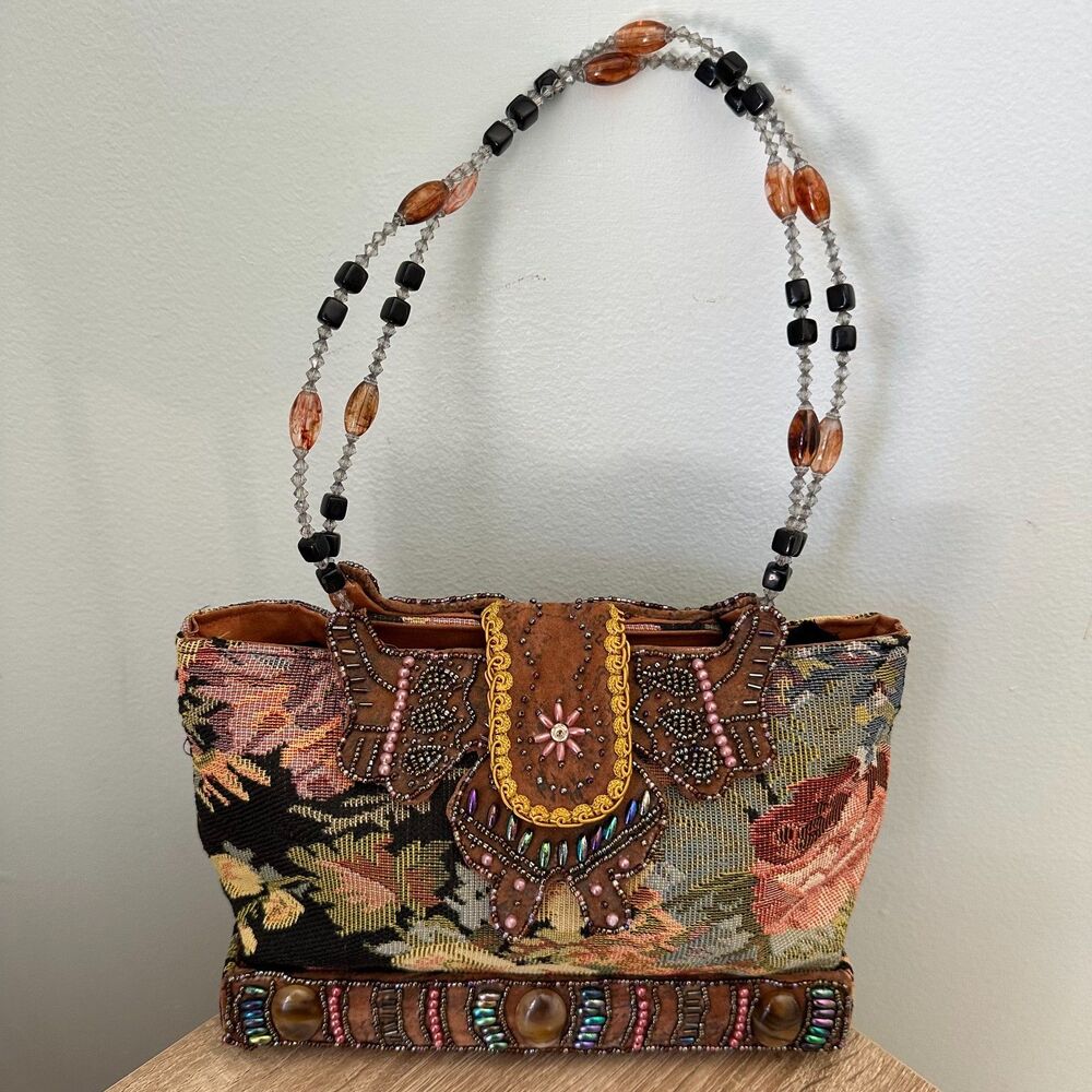 Vintage Floral Tapestry Shoulder Bag Beaded Mixed Media Whimsigoth Fairycore